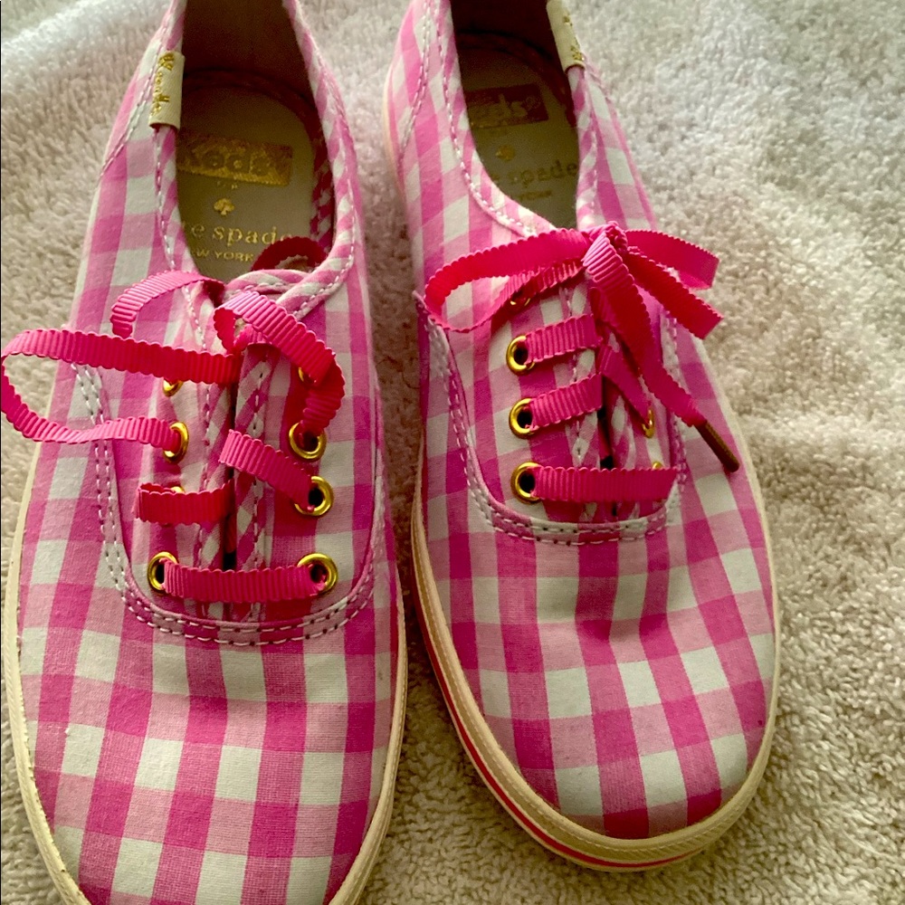 Girls New Kate Spade Keds Pink/White Gingham Sneakers Ribbon Lace Size US 13.5M